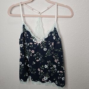 Marilyn Monroe Tank Top Womens L Babydoll Cami Floral Lace Trim Racerback Blue‎
